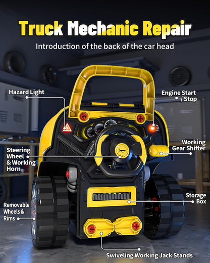 Deejoy Large Truck Builder Kit for Toddlers 3-5, Kids Mechanic Workshop Set with Light and Sound, Removable Engine, Yellow, 15.3x18.7inch