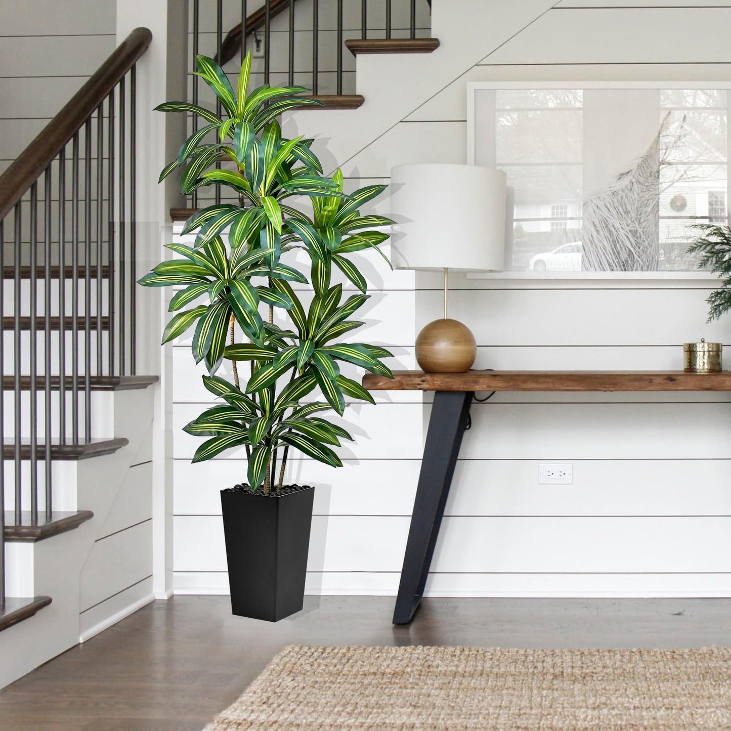 Artificial Dracaena Tree 5FT Tall Fake Plant with White Planter - Realistic Faux Dragon Tree with Tall Planter - Indoor Floor Plant for Home, Office,Mall, Living Room, Bedroom Decor