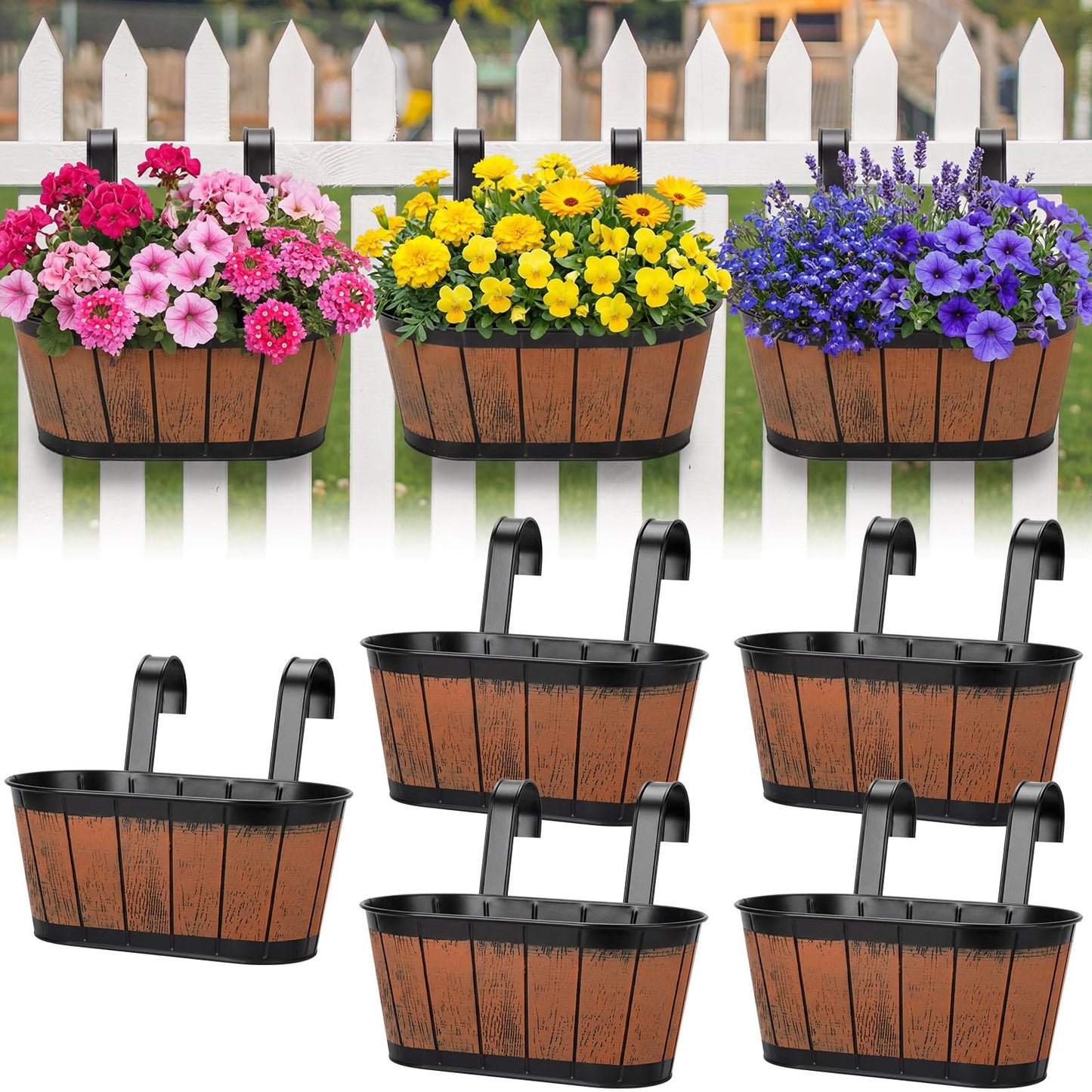 Ferrochef 5 Pcs Wine Barrel Metal Hanging Flower Pots 10.5" Fence Hanging Planters Outdoor Pot Wine Barrel Wall Planter with Detachable Hooks for Fence Garden Yard Home Decor