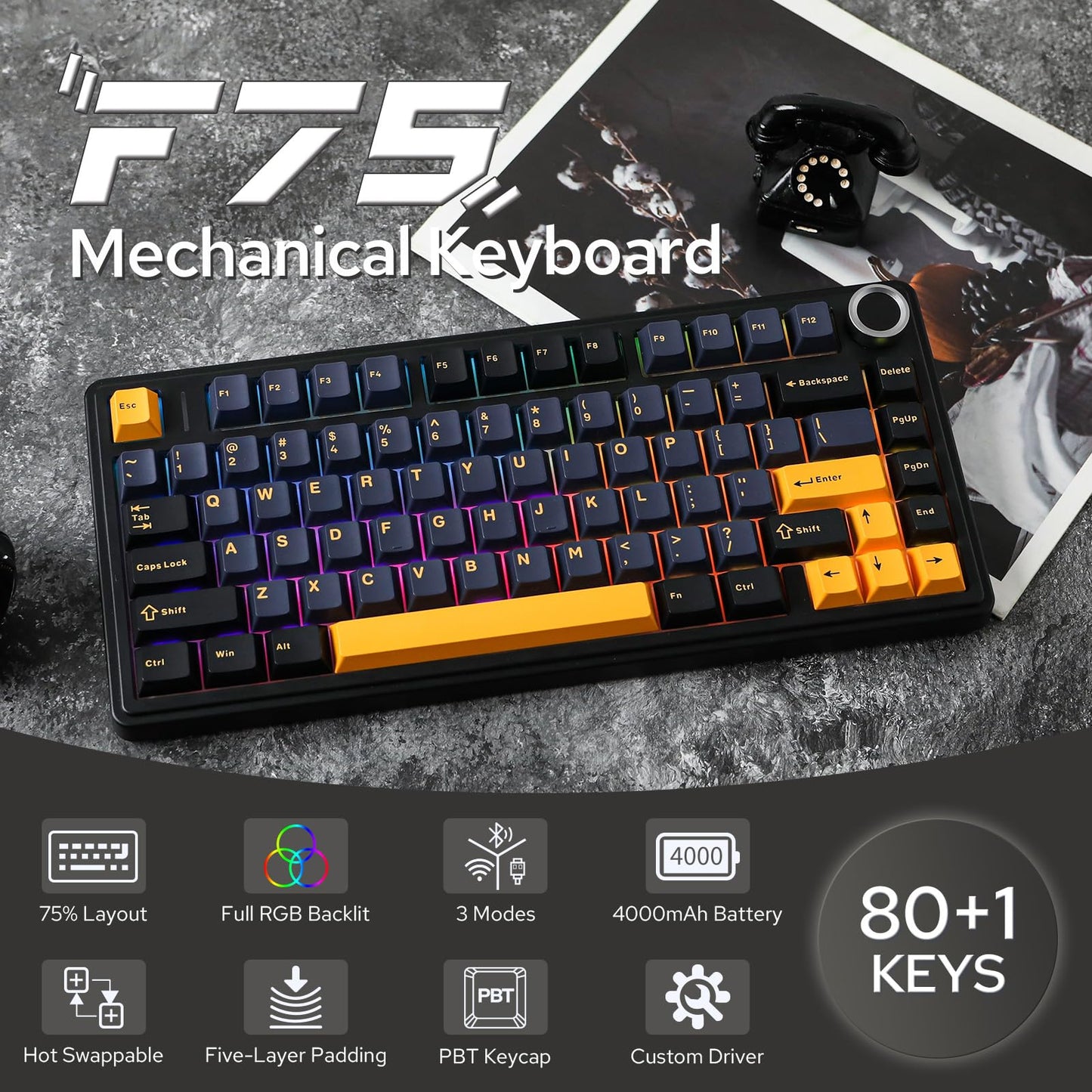EPOMAKER x Aula F75 Gasket Mechanical Keyboard, 75% Wireless Hot Swappable Gaming Keyboard with Five-Layer Padding&Knob, Bluetooth/2.4GHz/USB-C, RGB (Light Blue, LEOBOG Reaper Switch)