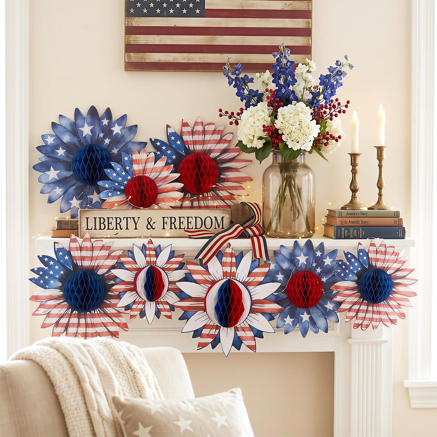 Paper Jazz 4th of July Decorations Paper Flower American Flag Red White and Blue Decor for Presidents Day,Patriotic Decoration Haning Paper Honeycomb for Veterans Day, Independence Day Birthday Party