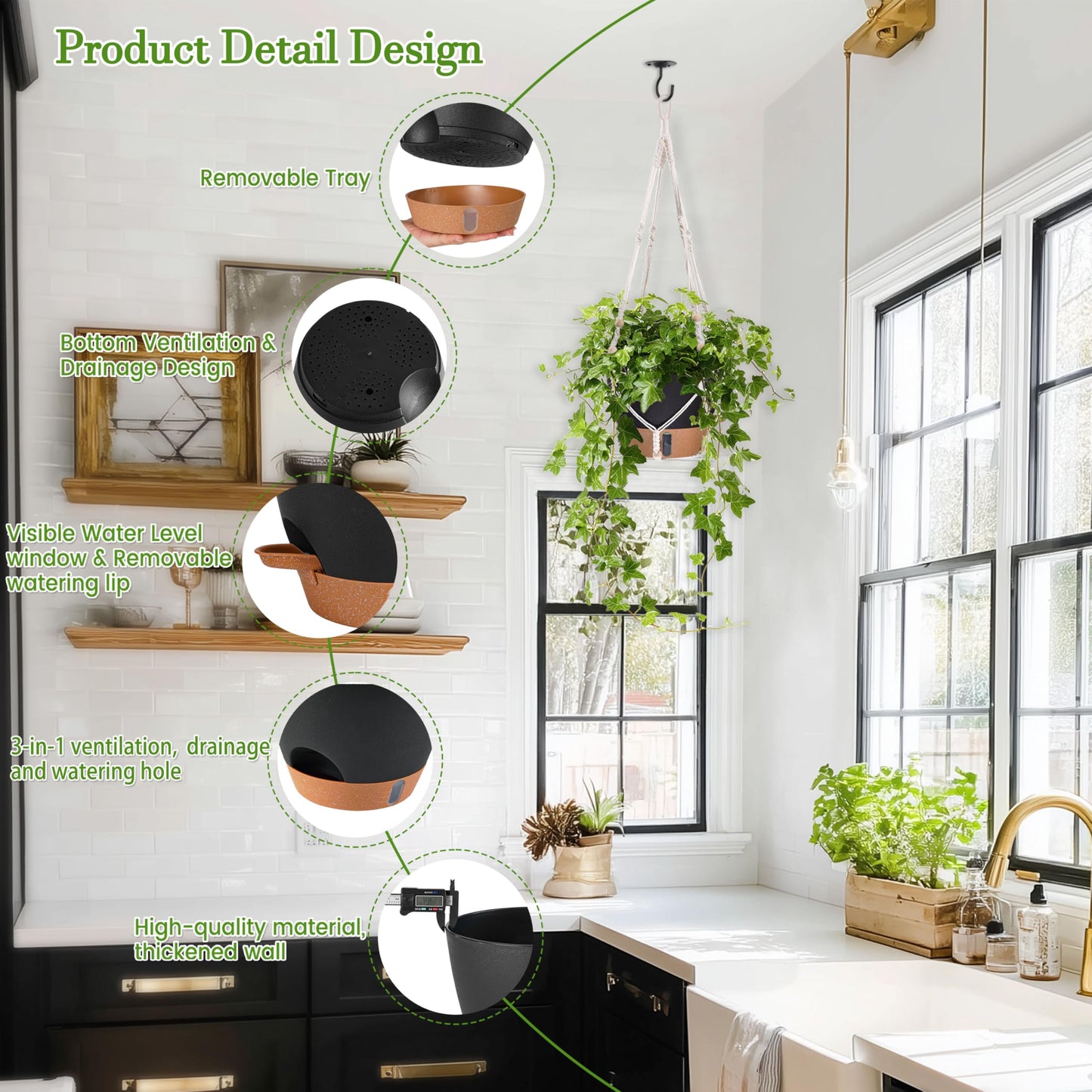 Fielda 10 Inch Hanging Planters for Indoor Plants, 2 Pack Self Watering Hanging Baskets Flower Pots with Drainage Hole, Visual Reservoir & 2 Kinds of Plant Hanger for Outdoor Garden Home Decor（Black）