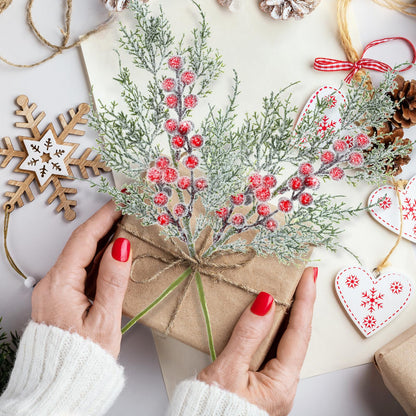 GoClimber 6 Pcs Snowy Artificial Cedar Picks with Red Berries, Christmas Tree Picks Frosted Faux Cedar Sprays with Greenery Branches Stems, Floral Picks for Vase Fillers Craft Wreath Holiday Décor