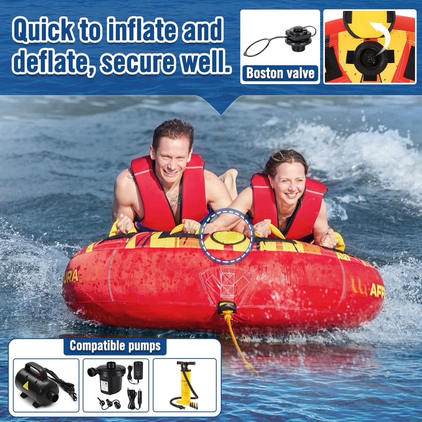 Affordura Towable Tubes for Boating 65in Tubes for Boats to Pull, Boat Tubes and Towables with Quick Connector and Storage Bag