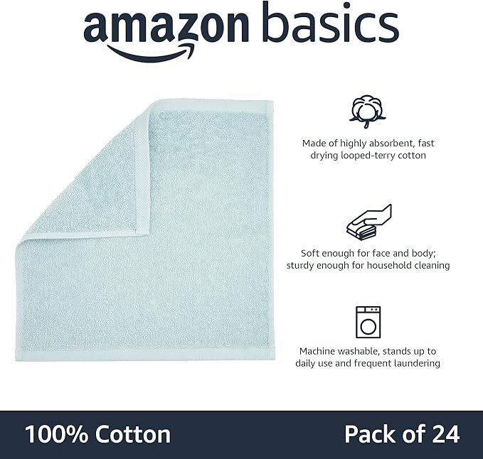 Amazon Basics face Towels for Bathroom, 100% Cotton Extra Absorbent washcloth