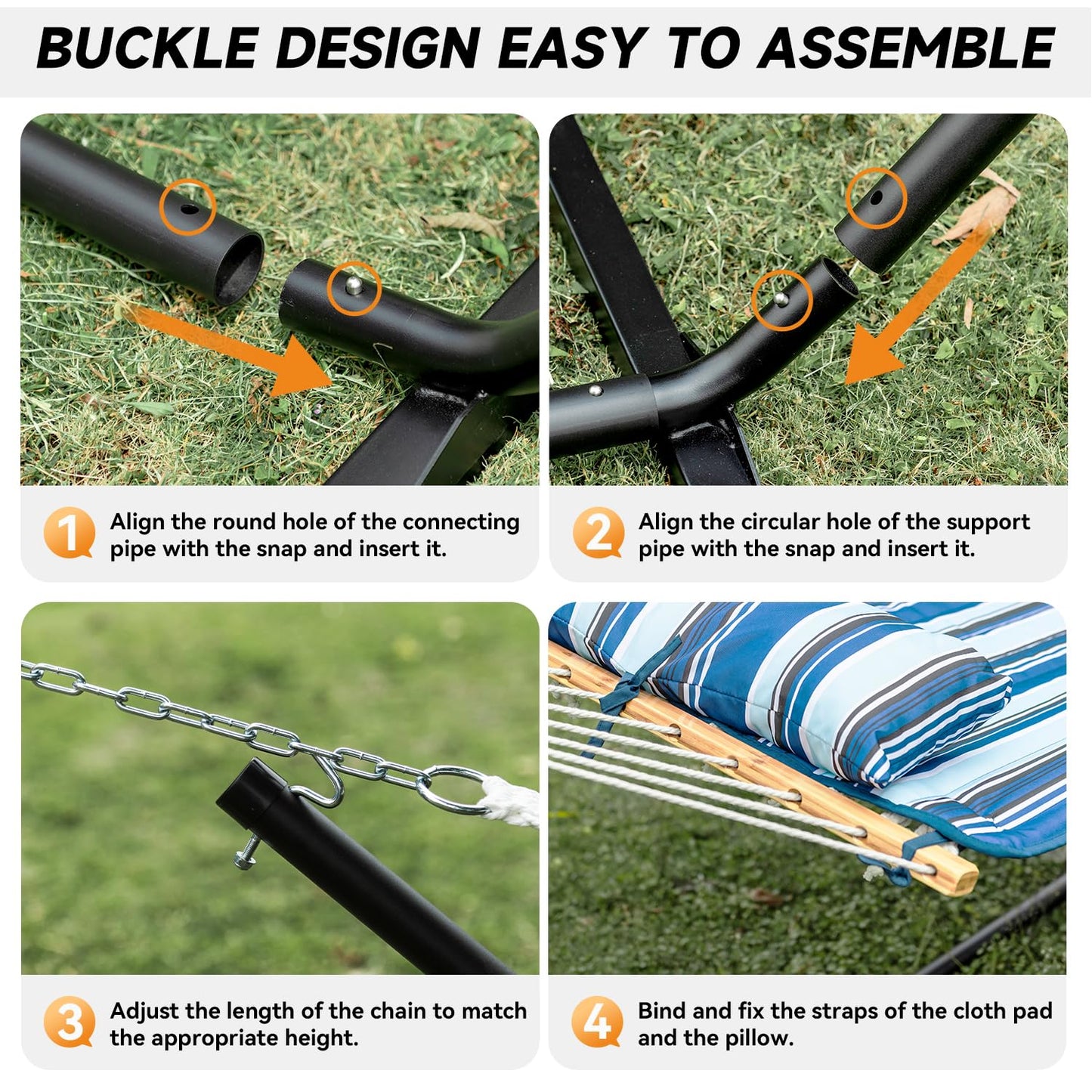Everyfun 2 Person Outdoor Hammock with Stand, Cotton Rope Hammock with Polyester Pad, Adjustable Steel Frame, Portable with Carrying Bag – for Patio, Backyard, Garden, Beach, Blue