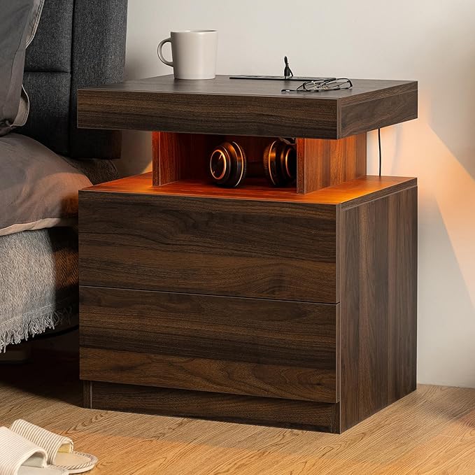 HOMMPA Rustic Nightstand with Wireless Charging Station LED Bedside Table with