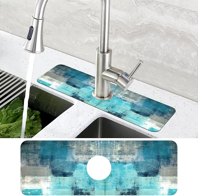 Abstract Teal and Grey Geometric Dish Drying Mat