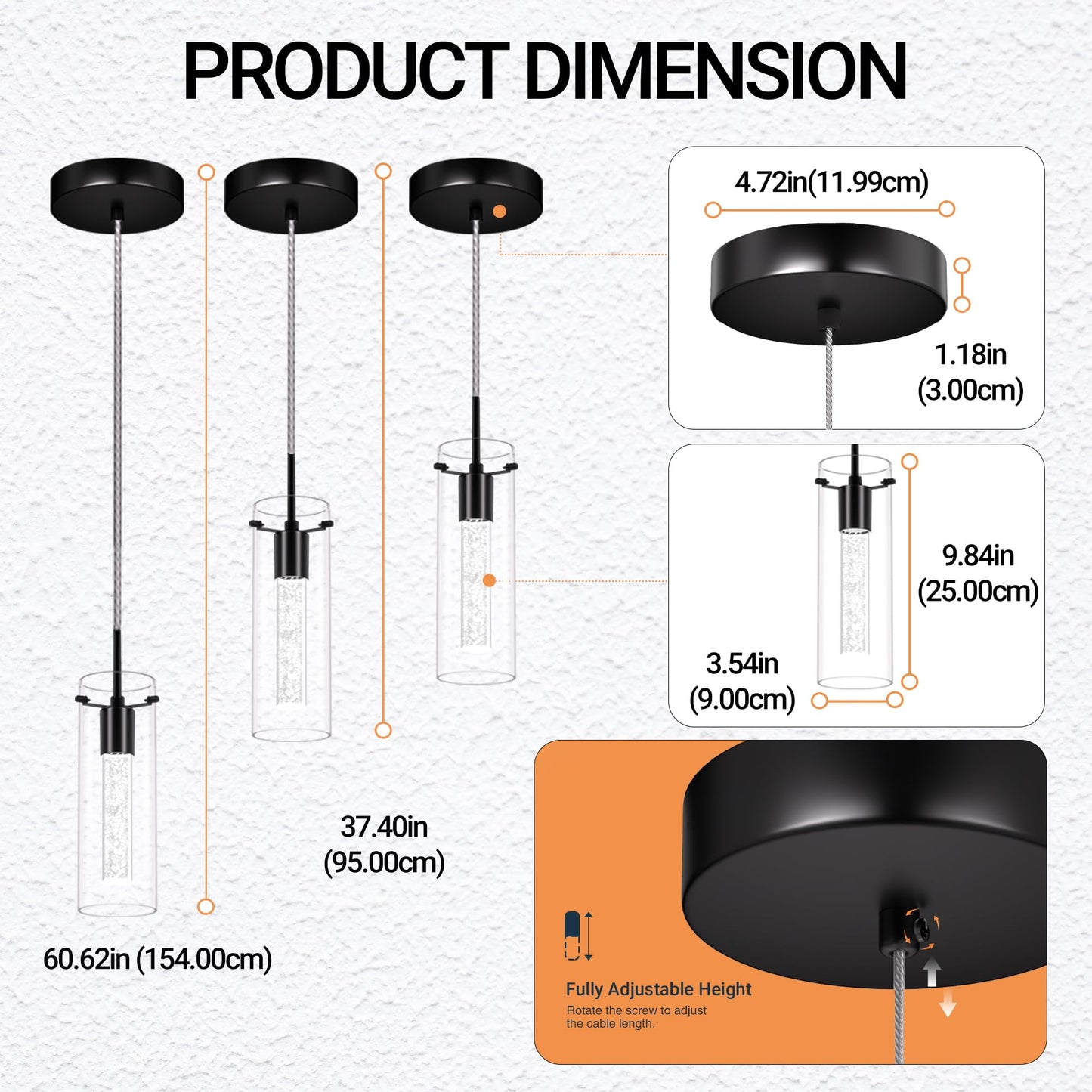 Esfos Pendant Ceiling Light Fixture, 6500K LED Kitchen Lighting Crystal Pendant Lights Kitchen Island Brushed Black, Glass Kitchen Hanging Light Fixture Modern Island Light with Crystal Bubble 3 Pack
