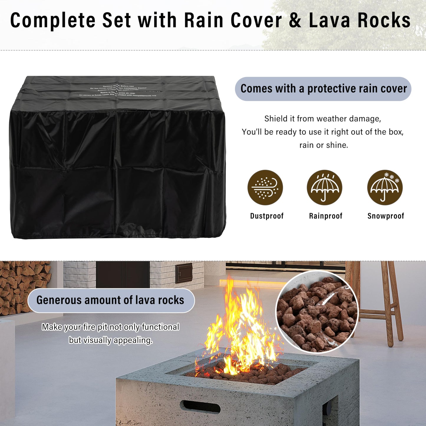 Merax MGO Outdoor Square Fire Pit with Steel Burner,Lightweight 24.02-inch Propane Fire Pit Table with Adjustable Flame, 40,000 BTU, Lava Rocks, and Rain Cover for Patio,Backyard, Poolside, Gray