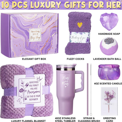 Birthday Gifts for Women Self Care Get Well Soon Gifts, Lavender Relaxing Spa Bath Gift Basket Care Package w/ Flannel Blanket 40 OZ Tumbler, Mother's Day Gift for Mom Her Wife Girlfriend Grandma