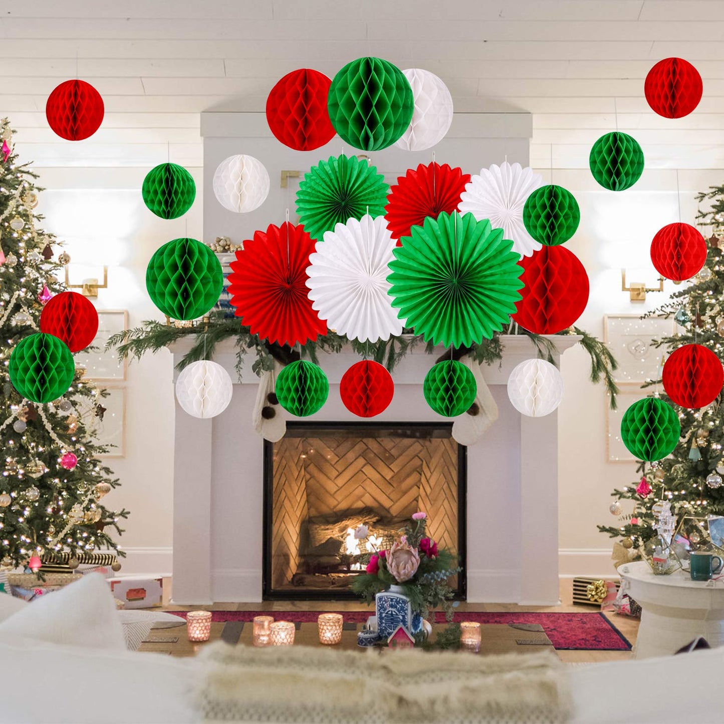 Konsait 30pcs Christmas New Year Hanging Decoration Paper Honeycomb Balls Paper Fans Kit for Xmas Party Decor Supplies Baby Shower Birthday Wedding Home Decoration Red White Green Decor