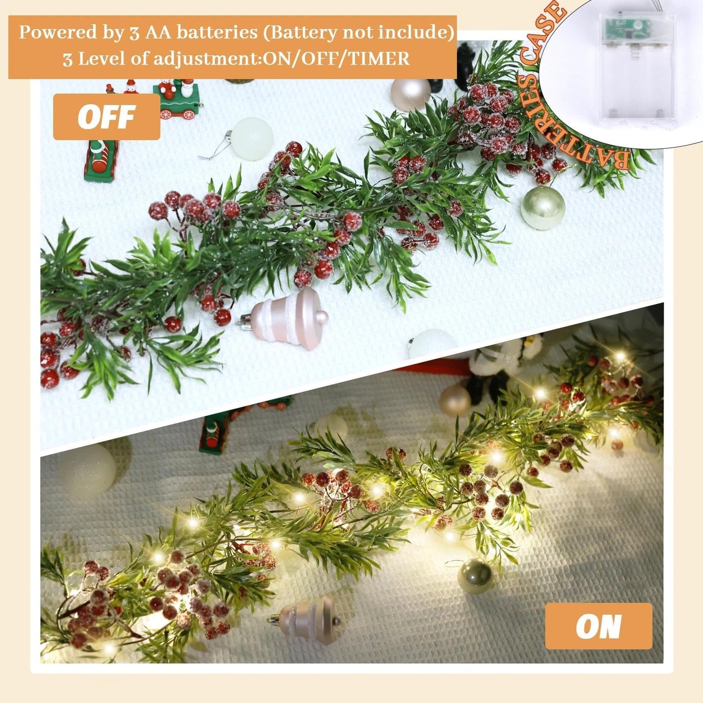 Christmas Garland with Light,Lighted Snowy Red Berries Holly Leaves Garland for Fireplace Mantle Indoor Outdoor Christmas Decoration 6.5FT Pre-lit Battery Operated Xmas String Lights 2 Pack