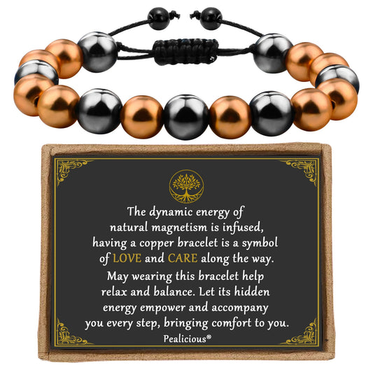 PEALICIOUS Copper Bracelet for Women and Men, 10MM Copper Magnetic Bracelet with 3500 Gauss Magnet Beads as Birthday Gifts for Dad, Cooper Hematite Jewelry Pulsera De Cobre para Mujer for Parents