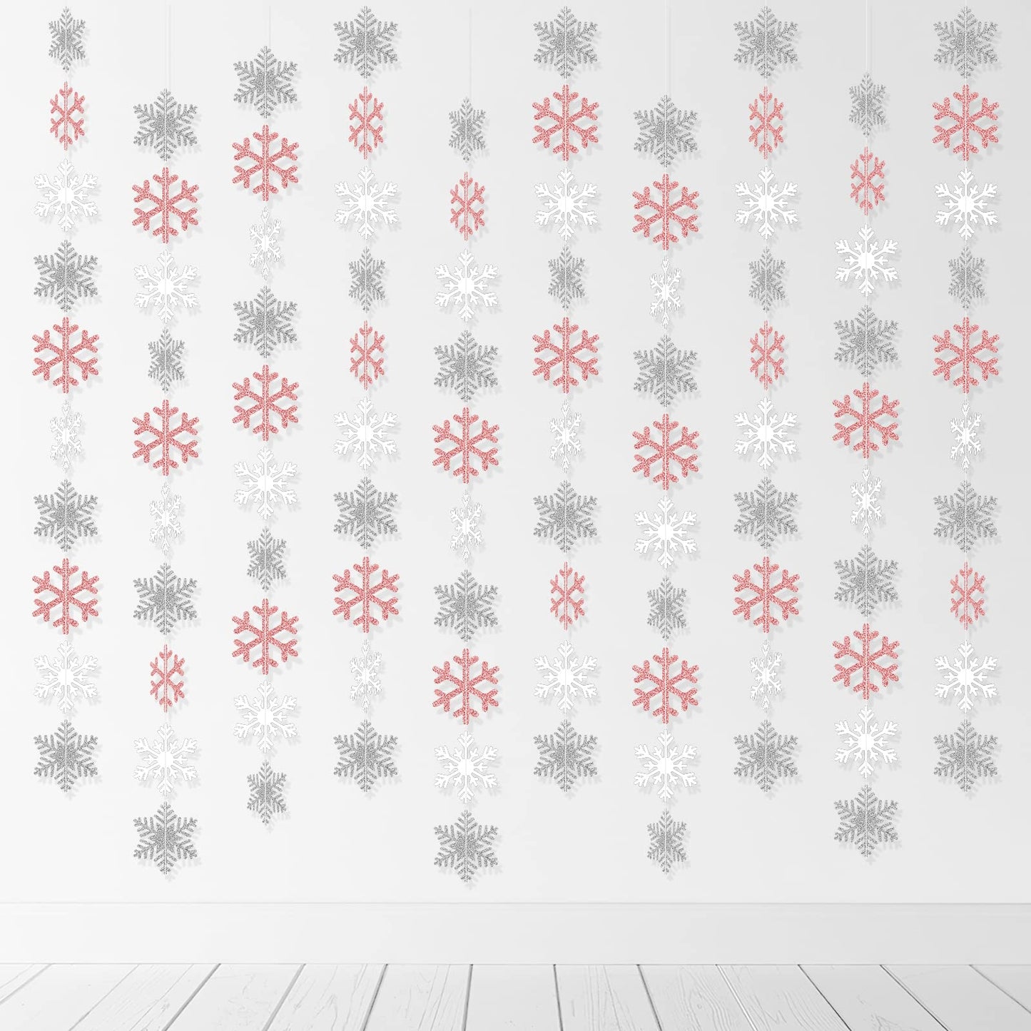 Winter Snowflake Hanging Decorations, Glitter Silver White Rose Gold Snowflakes Christmas Hanging Garland Winter Party Decorations for Winter Wonderland Girls Birthday Christmas Party Decorations
