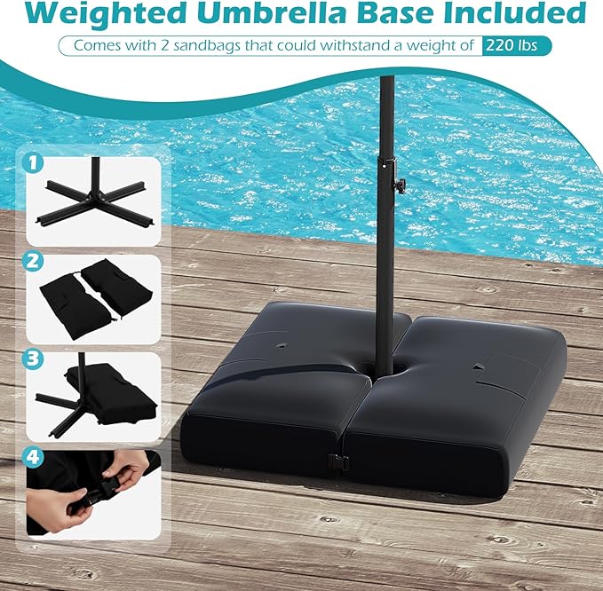 Tangkula 10ft Solar LED Patio Umbrella with Base, Offset Cantilever Outdoor Umbrella with 32 LED Lights, Infinite Tilt, 360 Degree Rotation, Crank Handle for Pool Deck Garden Backyard (Turquoise)