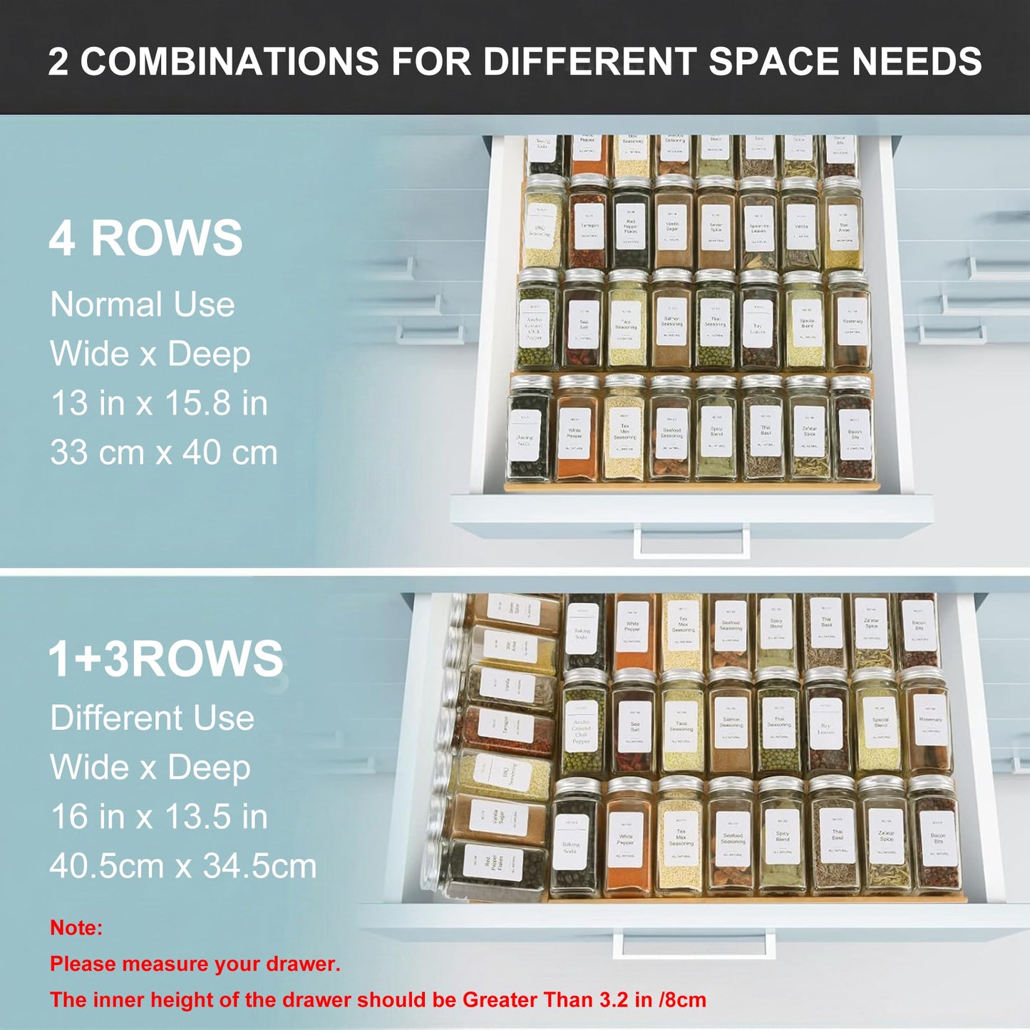 KitHero Spice Drawer Organizer with 28 Spice Jars and 216 Labels,Non-slip Rubber, Bamboo 4 Tier Spice Racks Tray Seasoning Containers for Kitchen Drawers,Cabinets,Countertops,13" Wide * 15.8" Deep