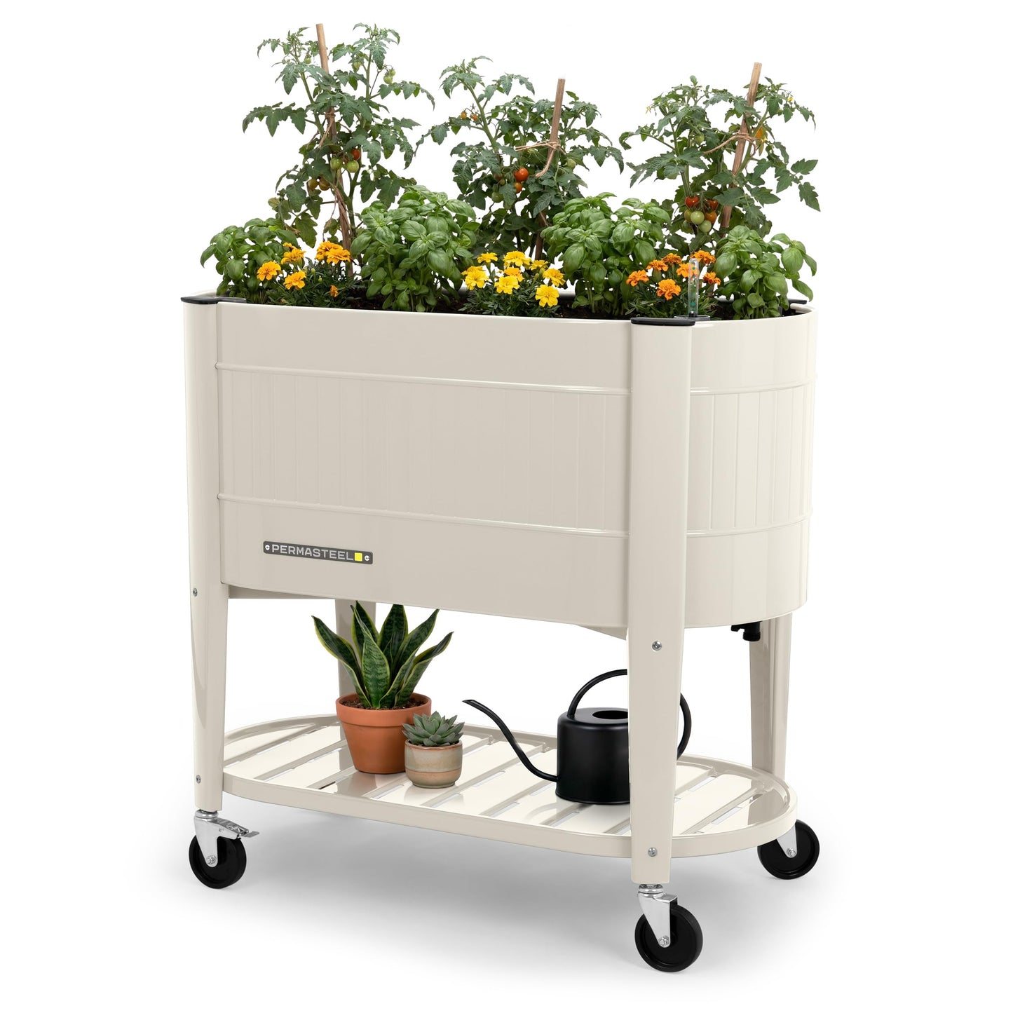 Permasteel Raised Garden Bed with Legs, Planter Box with EnGrow™ TrueSoil™ Technology for Vegetables, Flowers, Herbs, and Fruit, Outdoor Indoor, Storage Shelf, Caster Wheels, Ivory