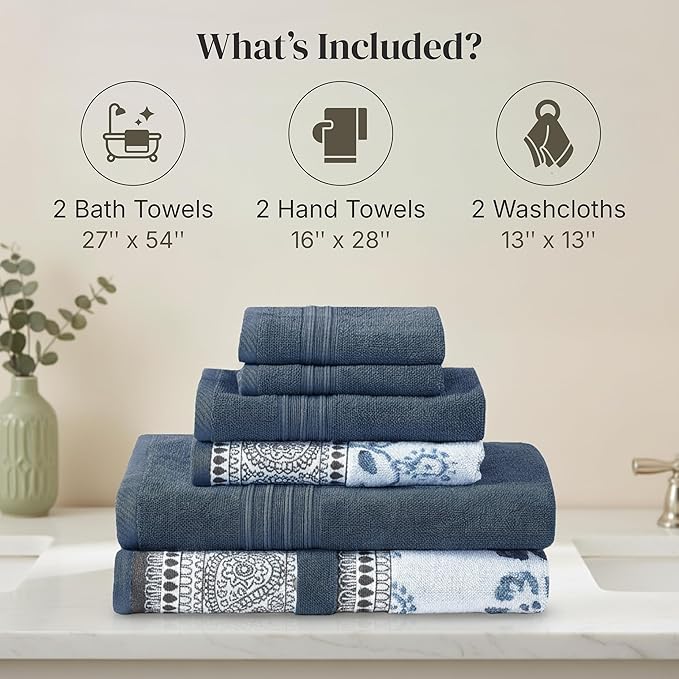 Modern Threads Ophelia 6-Piece 100% Cotton Towel Set – Reversible Yarn Dyed