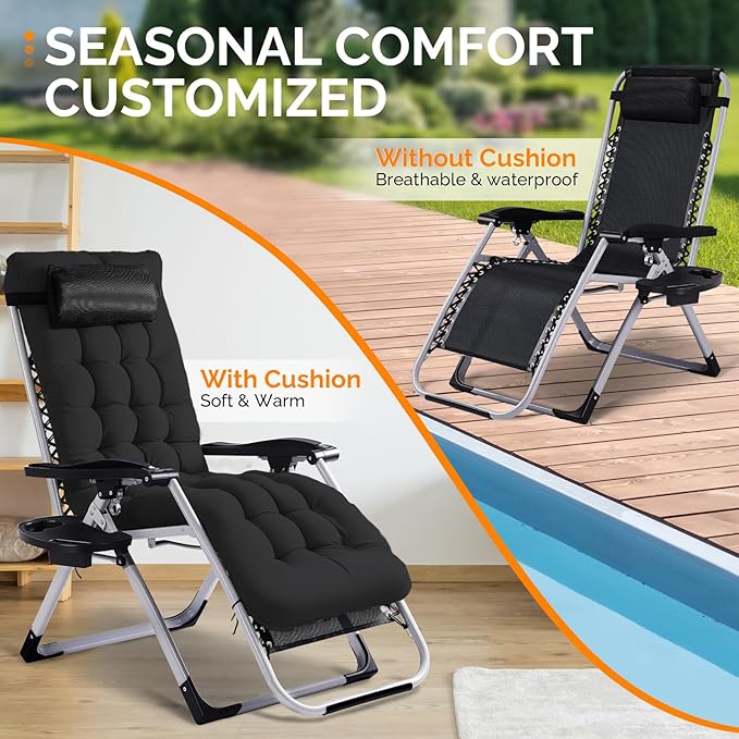 VINGLI Padded Zero Gravity Chair, Lounge Chair with Removable Cushion & Tray， Folding Reclining Patio Chairs， Recliner Chair for Lawn，Indoor Outdoor-Black