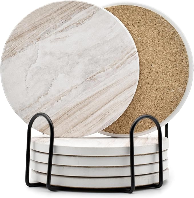 6Pcs Drink Coasters with Holder, Marble Style Ceramic Drink Coaster, Absorbent