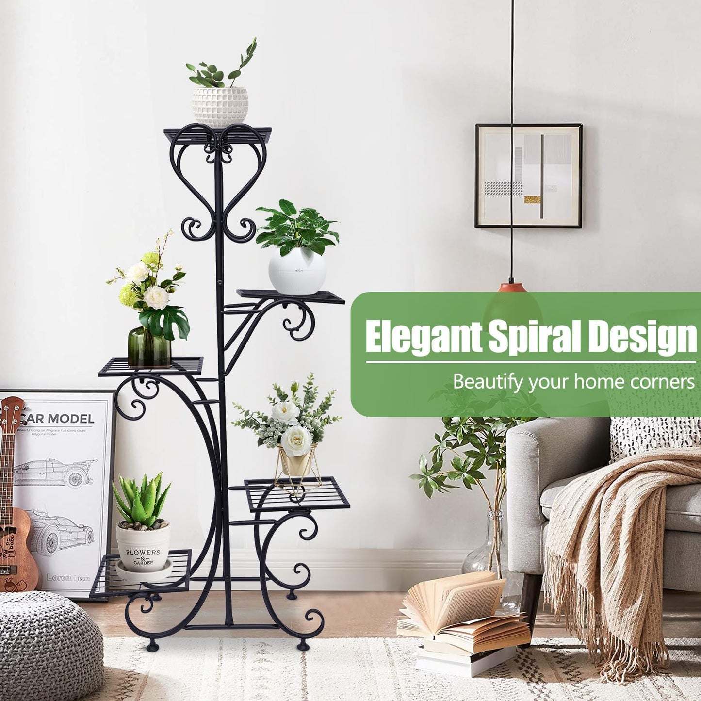 EEYBLAEEY 5 Tier Metal Plant Stand Indoor Outdoor, Upgraded Tall Iron Spiral Corner Plant Shelf- Tiered Storage Flower Pot Holder Display Organizer for Balconies, Living Rooms, Courtyards, Gardens