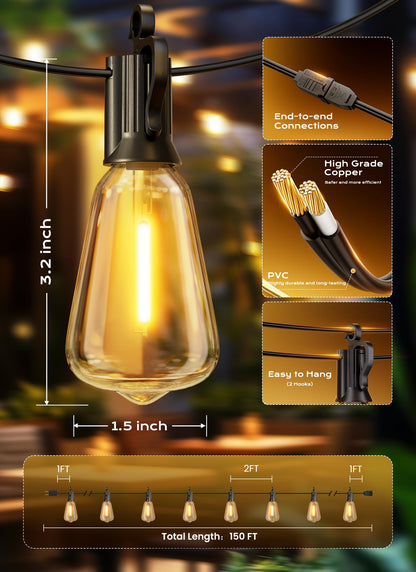 Brightown Outdoor String Lights, 150FT 75+2 LED ST38 LED Patio Lights Shatterproof, Dimmable IP65 Waterproof Connectable Hanging Outdoor Light for Backyard, Porch, Deck, Balcony