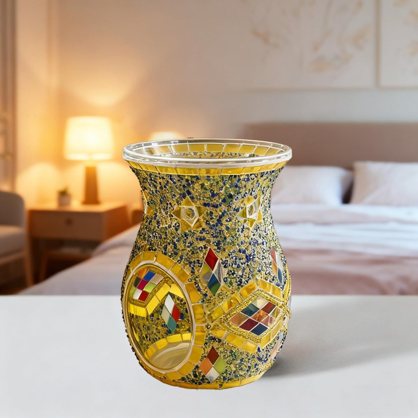 Maimeili Mosaic Glass Romantic Oil Burner Tealight Candle Holder Fragrance Warmer Incense Aroma Diffuser for Wedding Christmas Home Table Decor