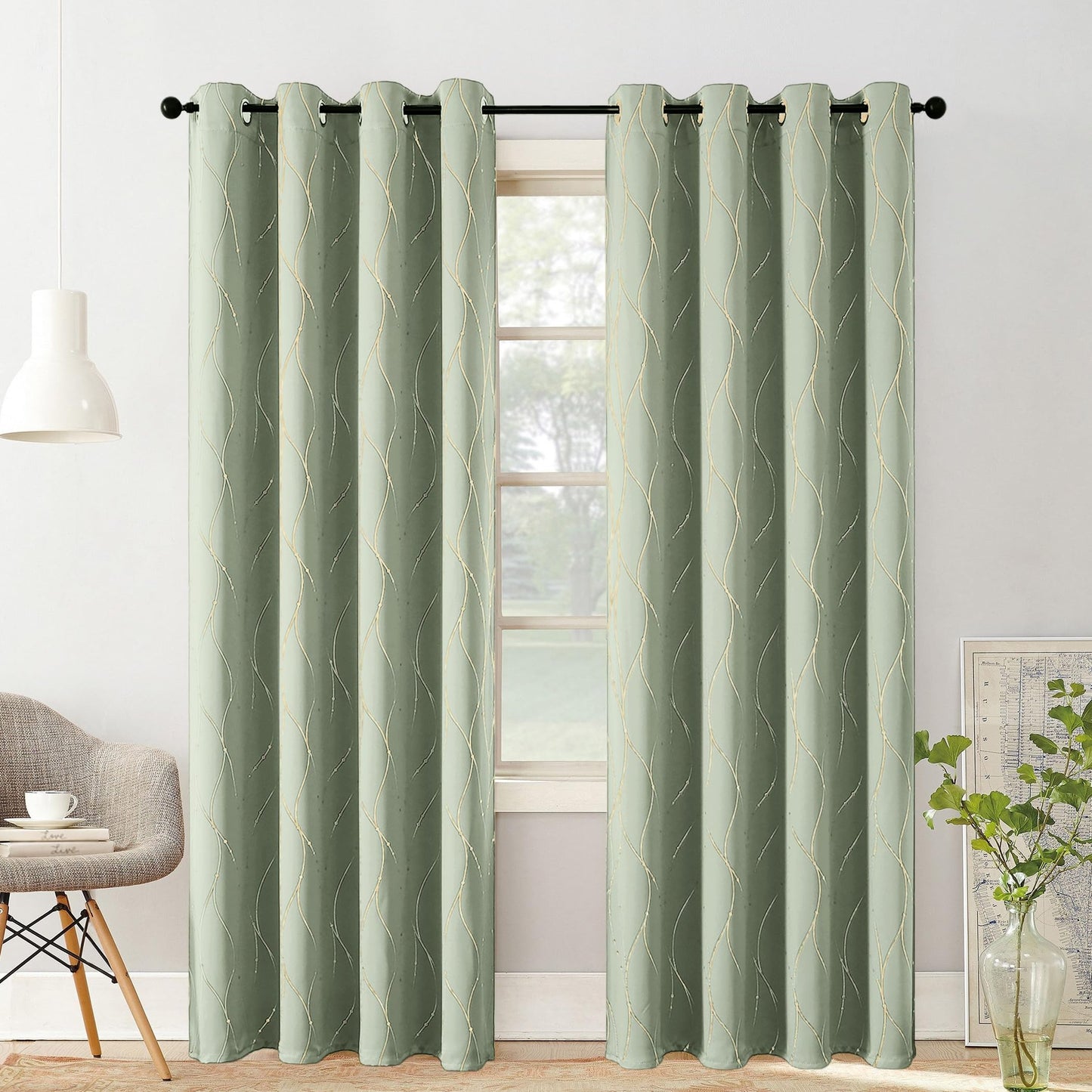 BUHUA Blackout Curtains Gold Foil Print Wave Line and Dots Grommet Drapes, Room Darkening Thermal Insulated Curtains, Noise Reducing Curtain for Bedroom, Sage Green, 52Wx72L, 2 Panels