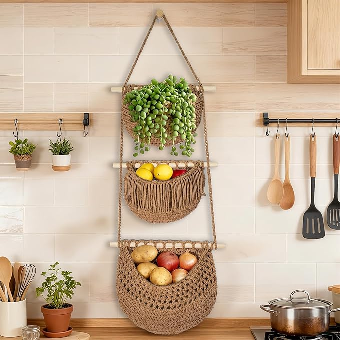 3 Tier Hanging Fruit Baskets for Kitchen, Boho Cotton Rope Handwoven Vegetable