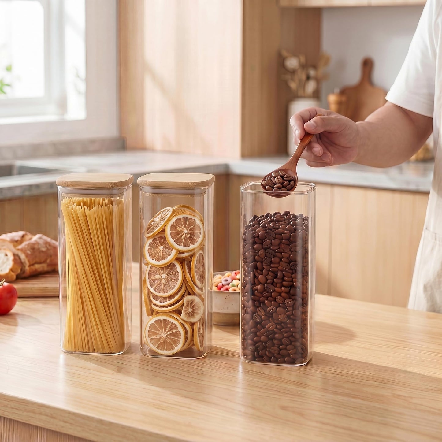 SENTVEND 73 Oz Glass Storage Jars with Bamboo Lids - 3 Pack Clear Glass Canisters Square Airtight Stackable Ideal for Pantry Storage Containers Great for Storing Oats Coffee Beans Pasta Flour Rice etc