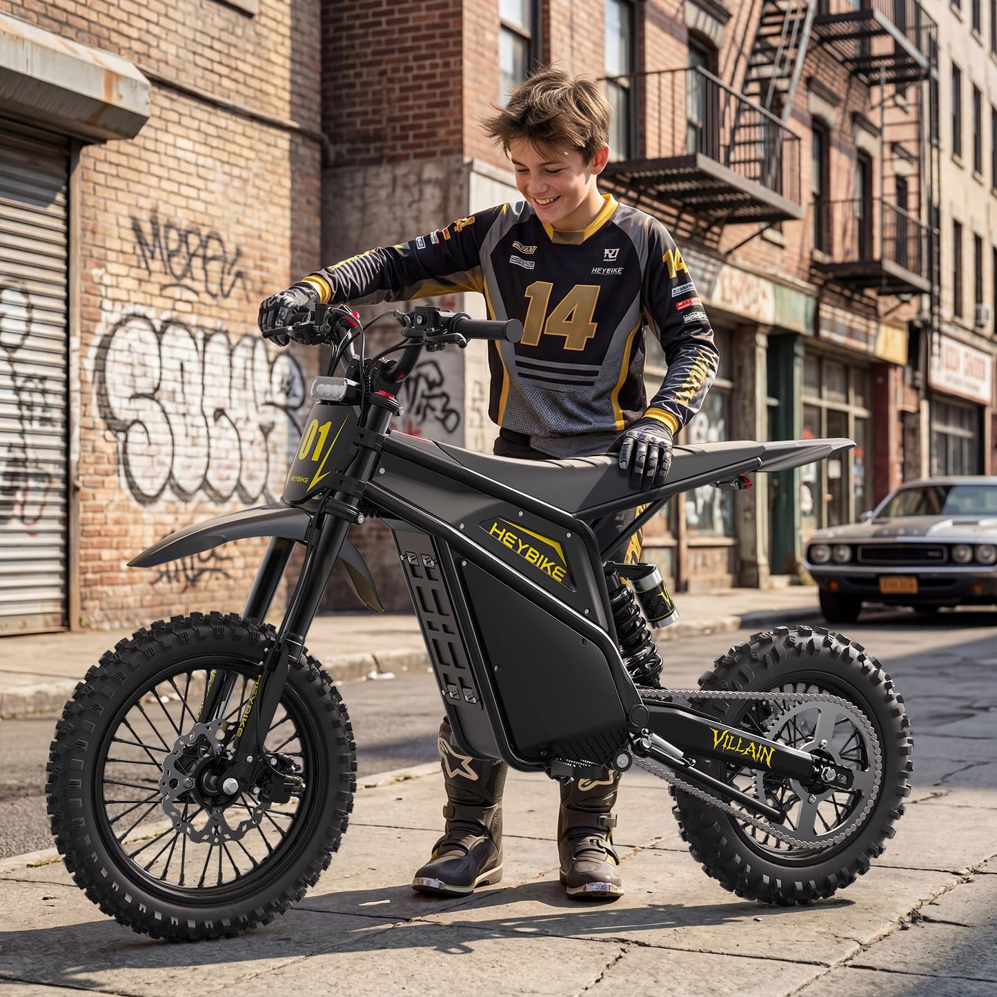 Heybike Villain Electric Dirt Bike, 4160W E Dirt Bike with 52V 26AH Battery, 14"/12" Fat Tire Electric Motorcycle for Teens, Max 45MPH Ebike with Reversing Function（Standard; Inky Black）