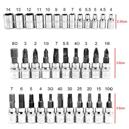 HSEAMALL 46PCS Socket Set, 1/4 Inch Drive Metic Socket Driver Bits Set with Quick-Release Ratchet Wrench,Extension Bars for Car Bicycle Motor