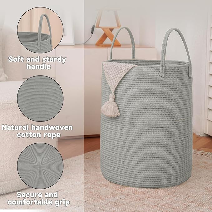 Large Woven Laundry Basket Hamper, 80L Cotton Rope Storage Bin