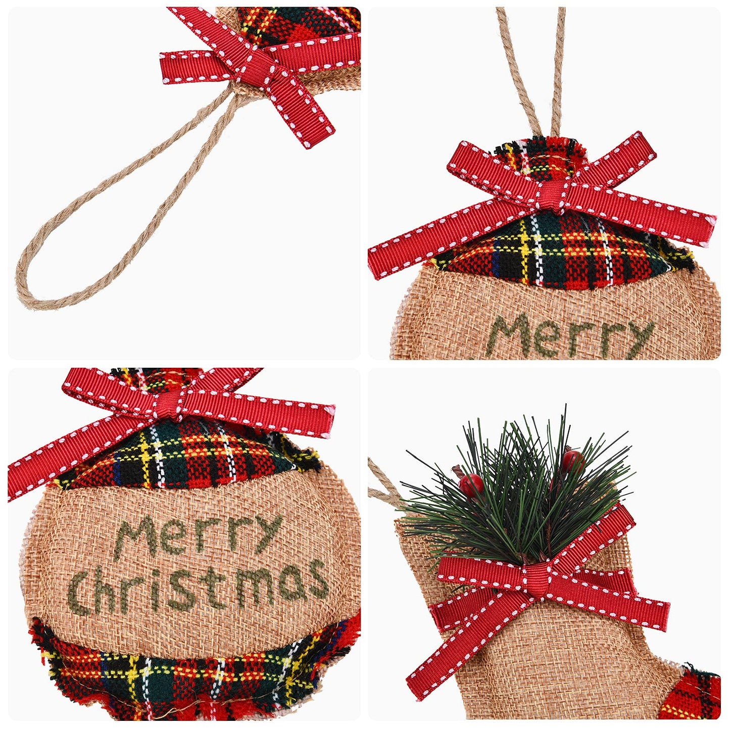 Jetec 20 Pieces Buffalo Plaid Christmas Ornaments Rustic Tartan Burlap Farmhouse Christmas Tree Decors Red Black Buffalo Xmas Tree Ball Plaid Stocking Bell Shaped Hanging Ornaments for Xmas Party
