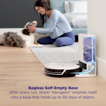 Shark Navigator Robot Vacuum with Bagless 30-Day Capacity Self-Empty Base, Powerful Suction, SmartPath Navigation, Self-Cleaning Brushroll, for Carpets & Hard Floors, White, AV2110S