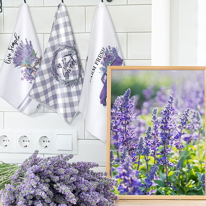 Set of 6 Lavender Kitchen Towels Purple Floral Dishtowels Rustic Absorbent