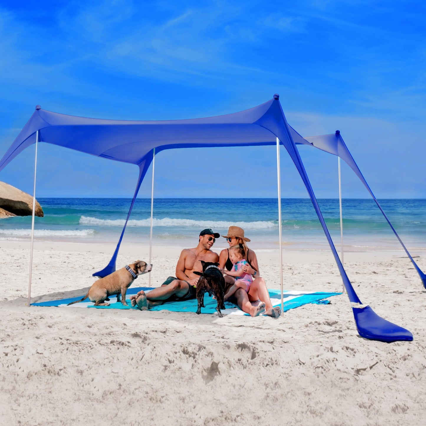 SUN NINJA Beach Tent Sun Shelter UPF50+ - Easy Pop Up Beach Canopy - Outdoor Shade for Camping Trips, Fishing, Backyard Fun Picnics - Sand Shovel, Ground Pegs & Stability Poles