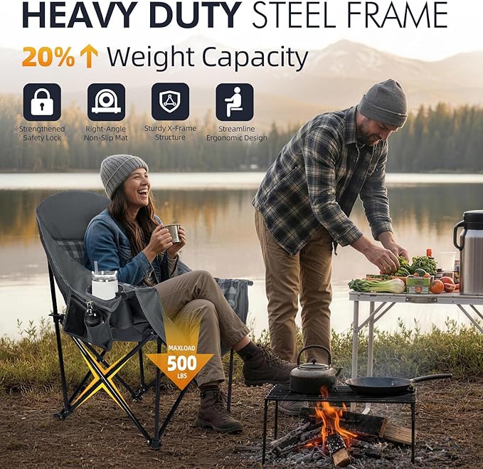 Oversized Camping Chair for Adults - Heavy Duty Outdoor Padded Large Lawn Camp Chair with Cup Holder Cooler Pockets for Sports Beach Fishing Garden Portable Supports 500lbs, Grey 2 Pack