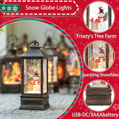 10" Christmas Snow Globe Lantern with Farm Snowman，Lighted Swirling Glittering Snow Globes with Music & Timer, Christmas Decorations for Home Tabletop Indoor