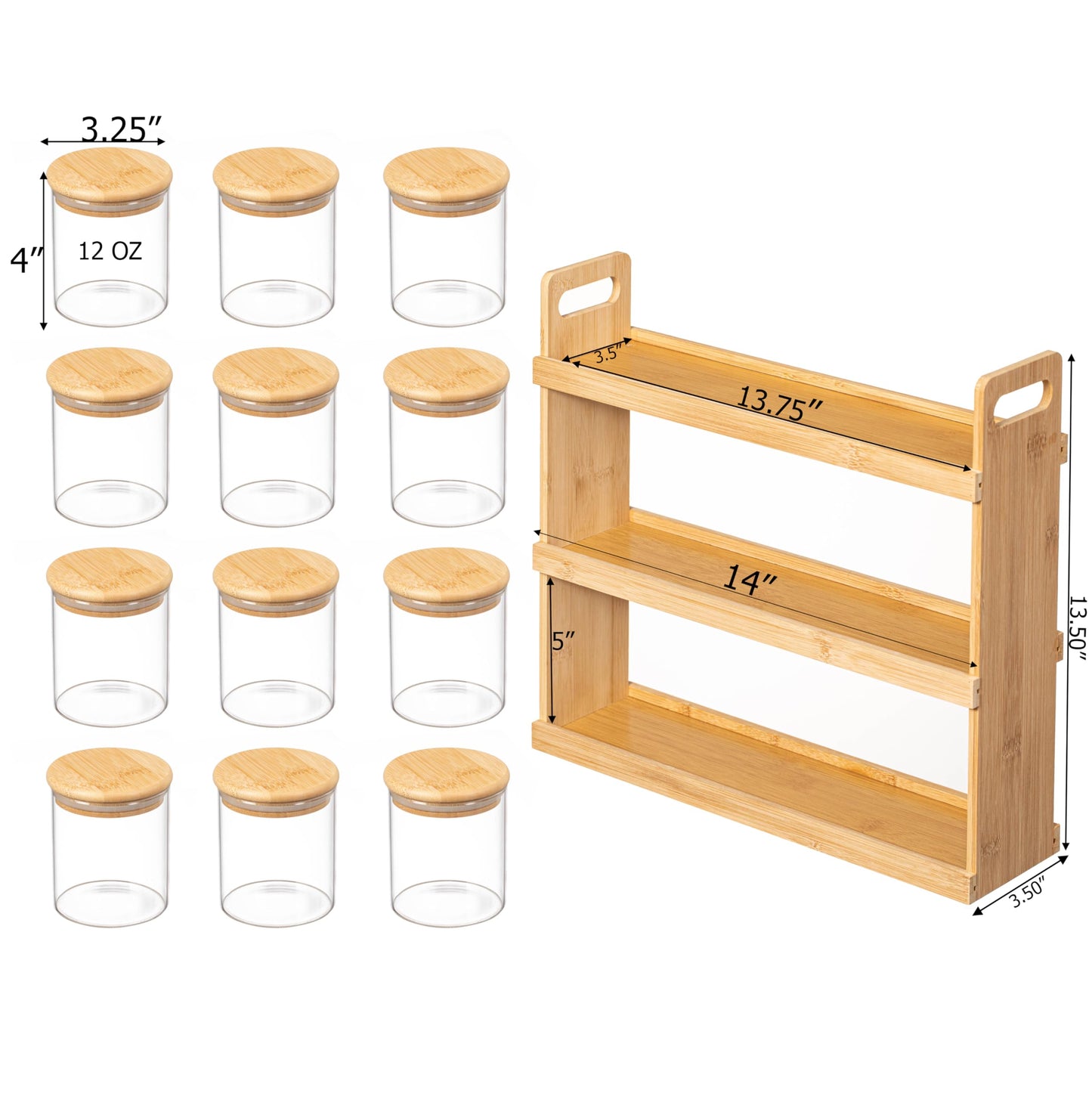 Basicwise Versatile 3-Tier Bamboo Spice Rack and Pantry Organizer with 12 Glass Jars – Perfect for Countertop Storage in Kitchens to Keep Seasoning Containers Neatly Displayed and Easily Accessible