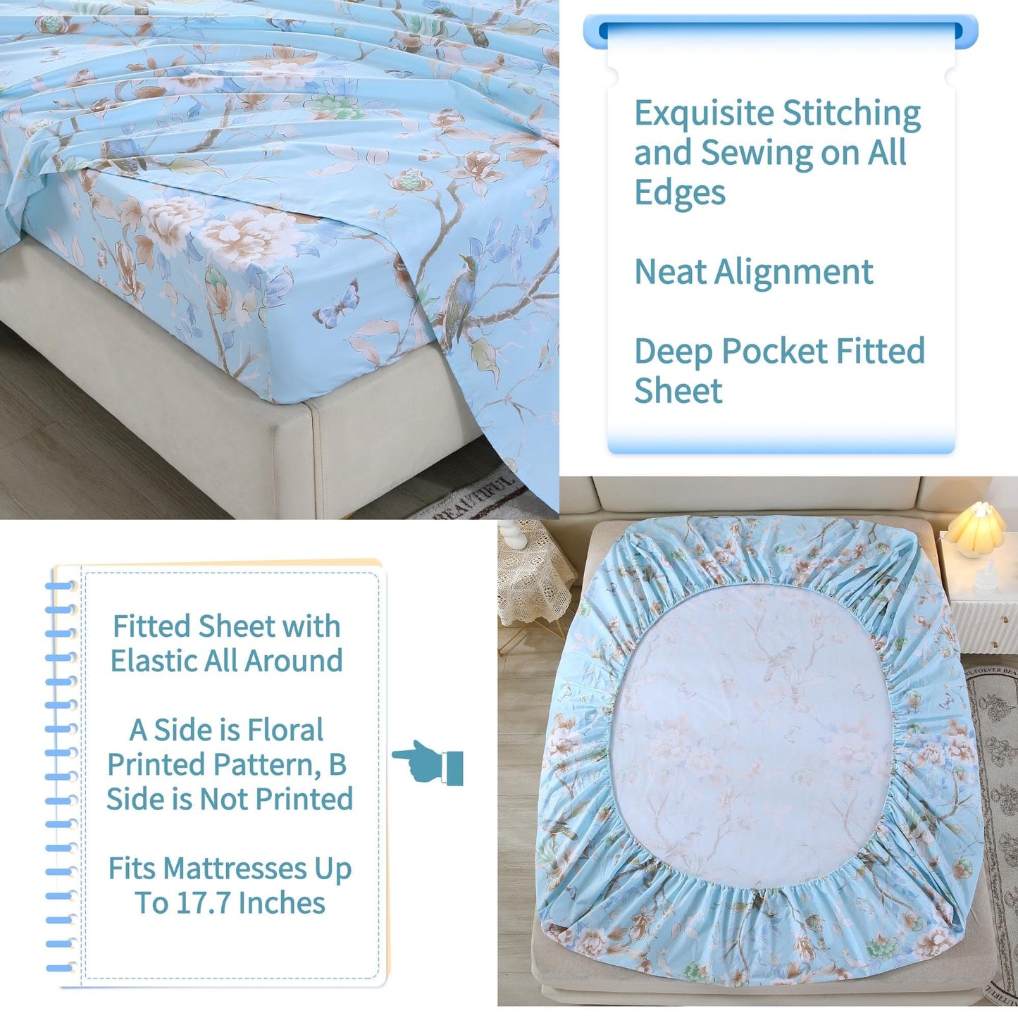 RYNGHIPY Egyptian Cotton Bed Sheet Set Blue Bird Botanical Pattern Bed Sheets Deep Pocket Fitted Sheet Tree Branches Print Bedding Soft Breathable (Light Blue,King Size)