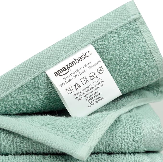 Amazon Basics Washcloth for Bathroom, 100% Cotton Extra Absorbent, Fast Drying