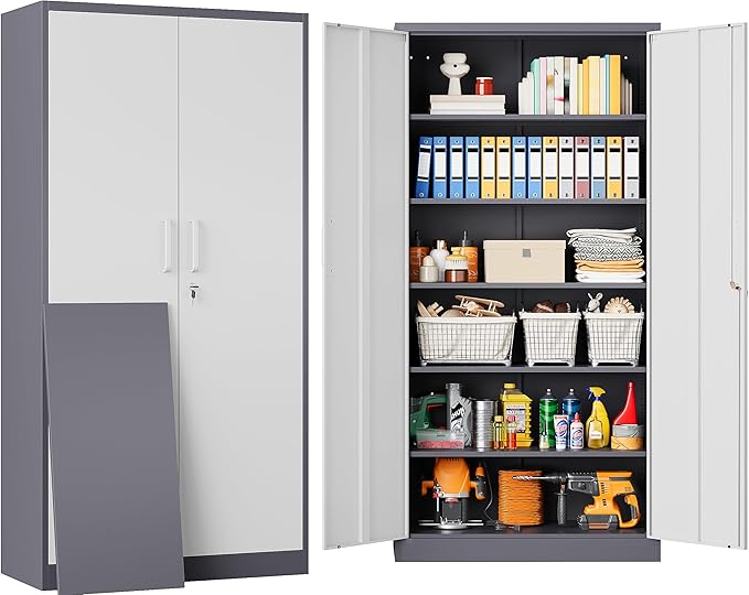 Metal Storage Cabinet with 2 Doors and 6 Shelves, Locking File Cabinet