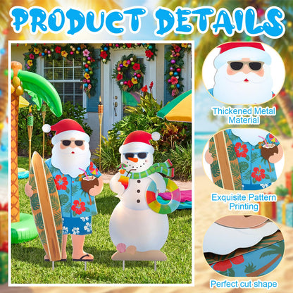 Leinuosen 2 Pcs Metal Christmas in July Yard Signs with Stake July Christmas Yard Decorations Beach Santa and Snowman Stake Signs Tropical Hawaiian Decor for Outdoor Garden Lawn Patio Walkway Pathway