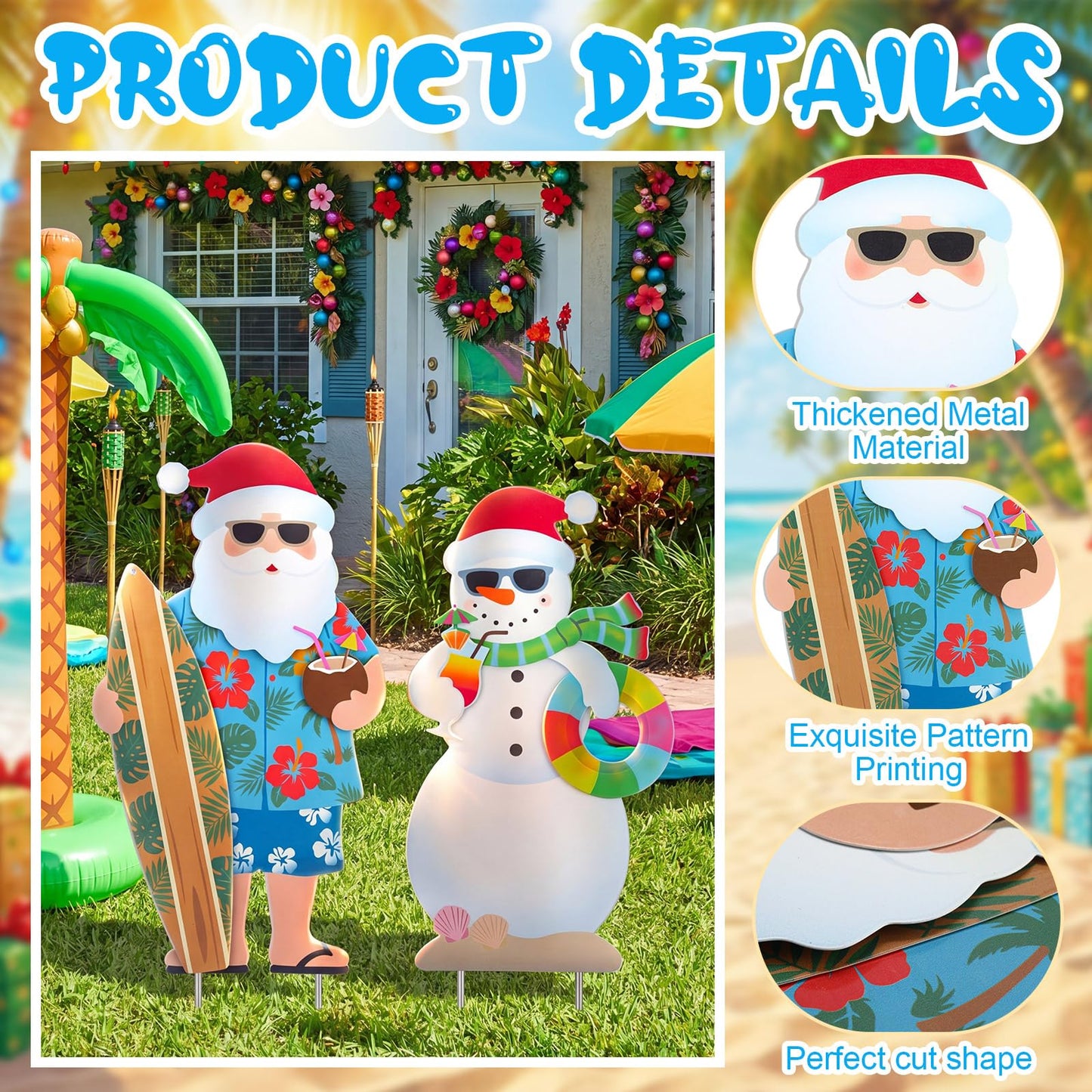 Leinuosen 2 Pcs Metal Christmas in July Yard Signs with Stake July Christmas Yard Decorations Beach Santa and Snowman Stake Signs Tropical Hawaiian Decor for Outdoor Garden Lawn Patio Walkway Pathway