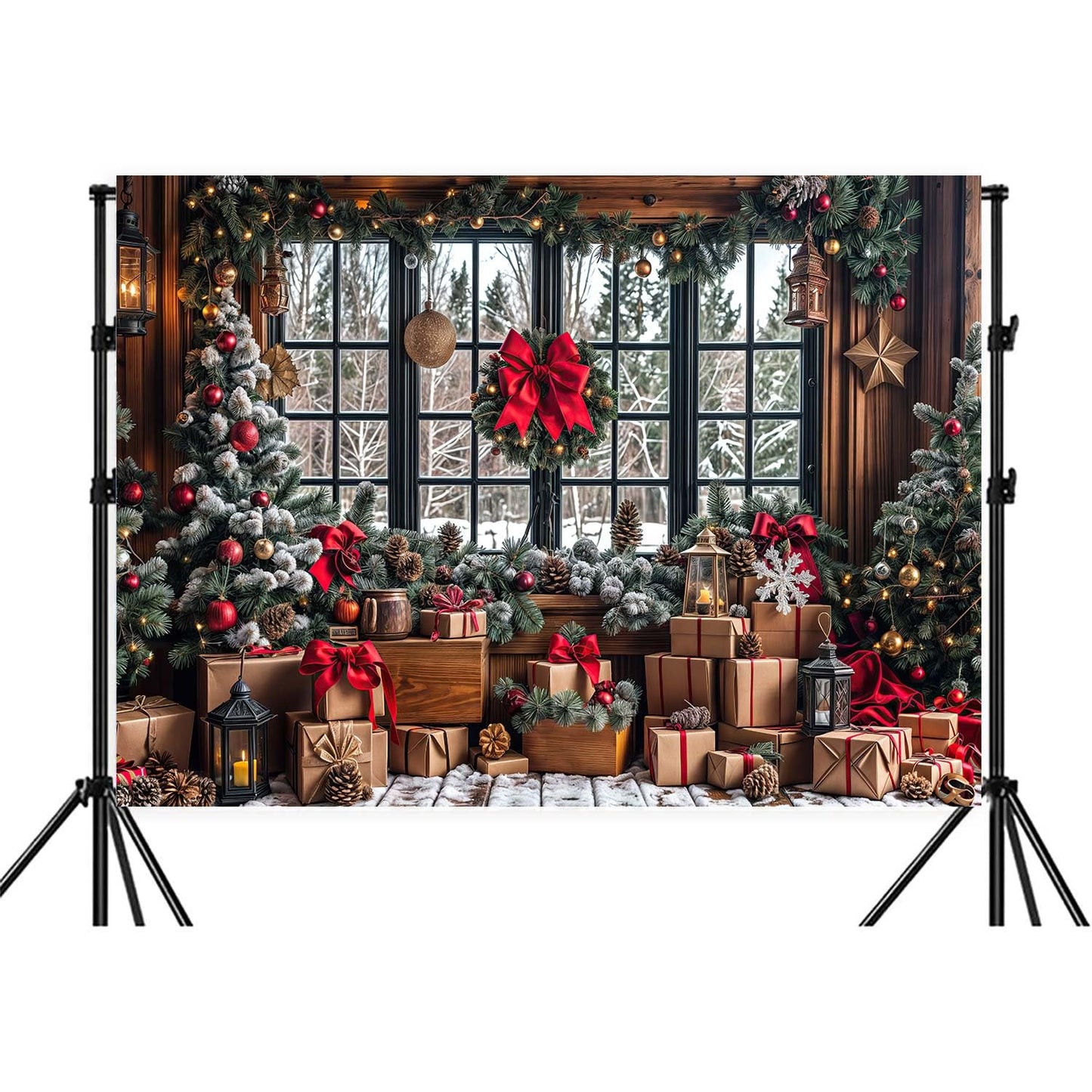 10X8ft Winter Christmas Photography Backdrop Red Xmas Tree Snow Rustic Wooden Window Banner for Family Holiday Party Decoration Supplies Photo Studio Props Pictures