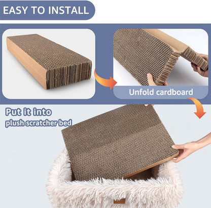 TIGOADT Fluffy Cat Scratcher Lounge Box with Removable Cardboard,Cat Rectangular Bed with Corrugated Board, Pet Scratching Pad for Furniture Protection, Training Toy (Beige)