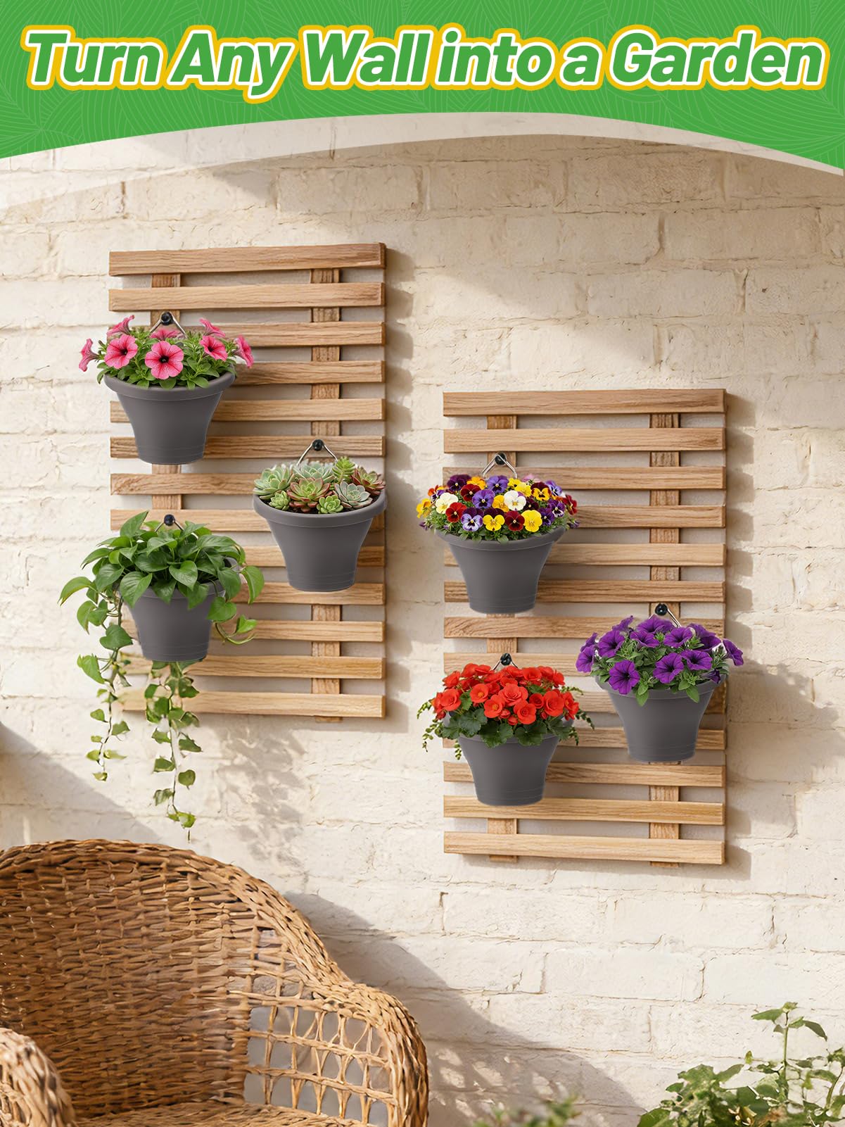 MADHOLLY 6Pcs Vertical Hanging Planters for Outdoor Plants - Wall Plant Holder for Indoor Decorations Garden Fence, Plastic Flower Pots with Drainage Grid and Hooks (Gray)