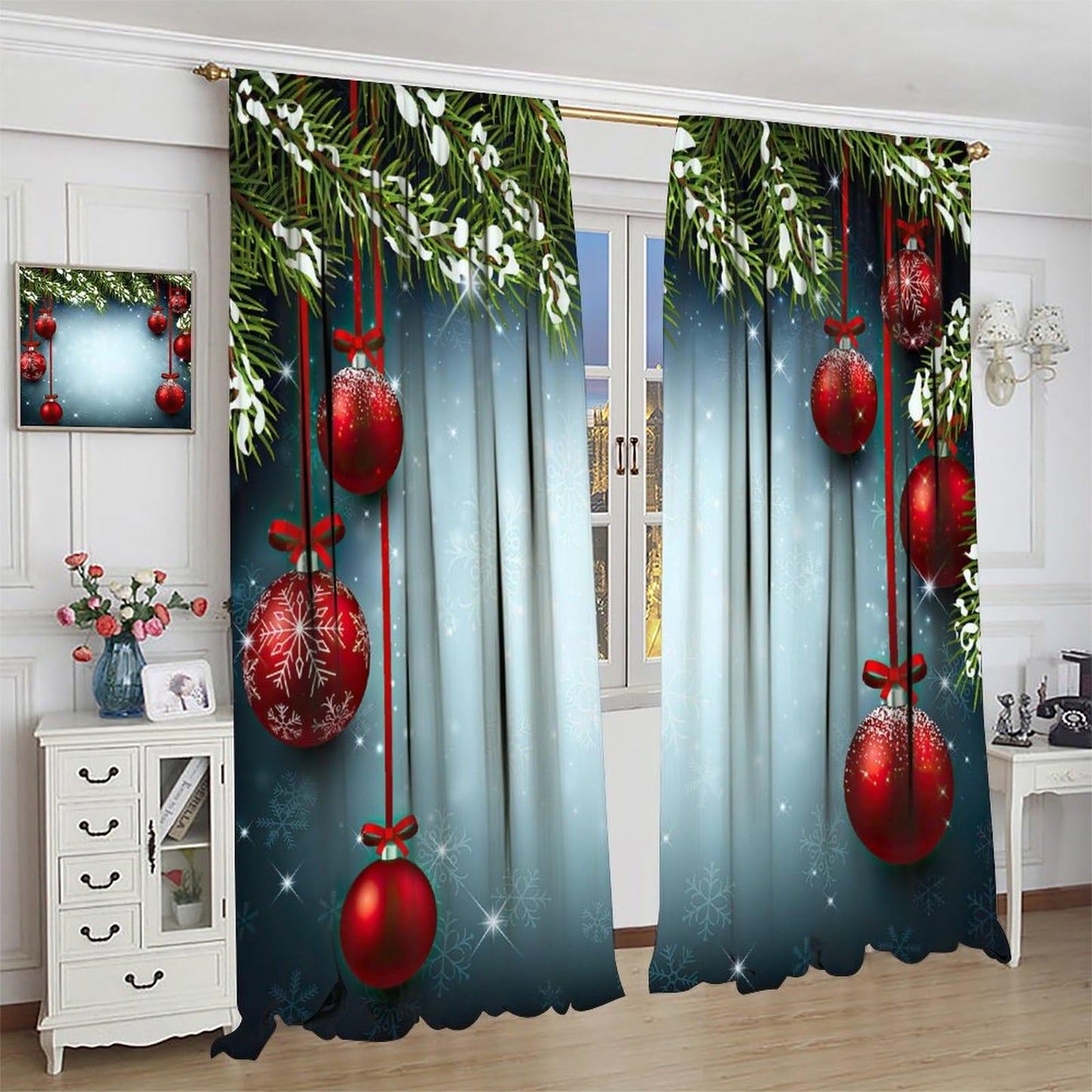 ICMOLYYENLO Christmas Blackout Curtains Merry Christmas Balloon Tree Snowflake Santa Claus Gift Pattern Printed Curtains Suitable for Bedroom Living Room Decoration 42x45 Inches